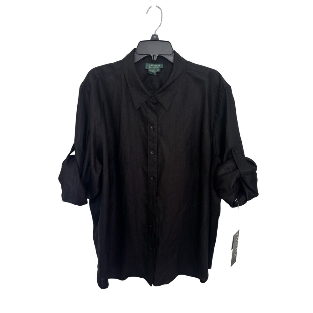 NWT Lauren Ralph Lauren 100% Linen Black Button Down Shirt Roll Tab 3X